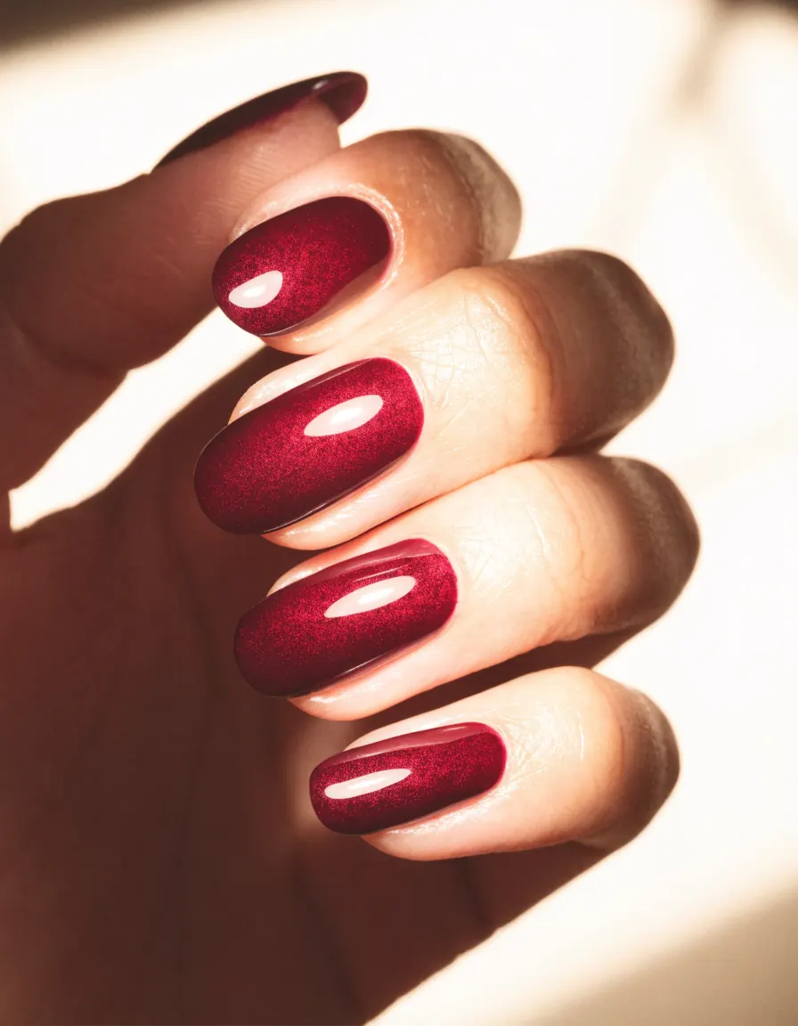 Hand with a high-gloss deep burgundy gel manicure