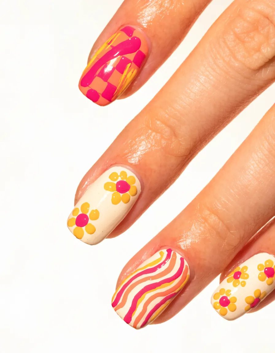 Hand-painted nail art in coral, pink and yellow