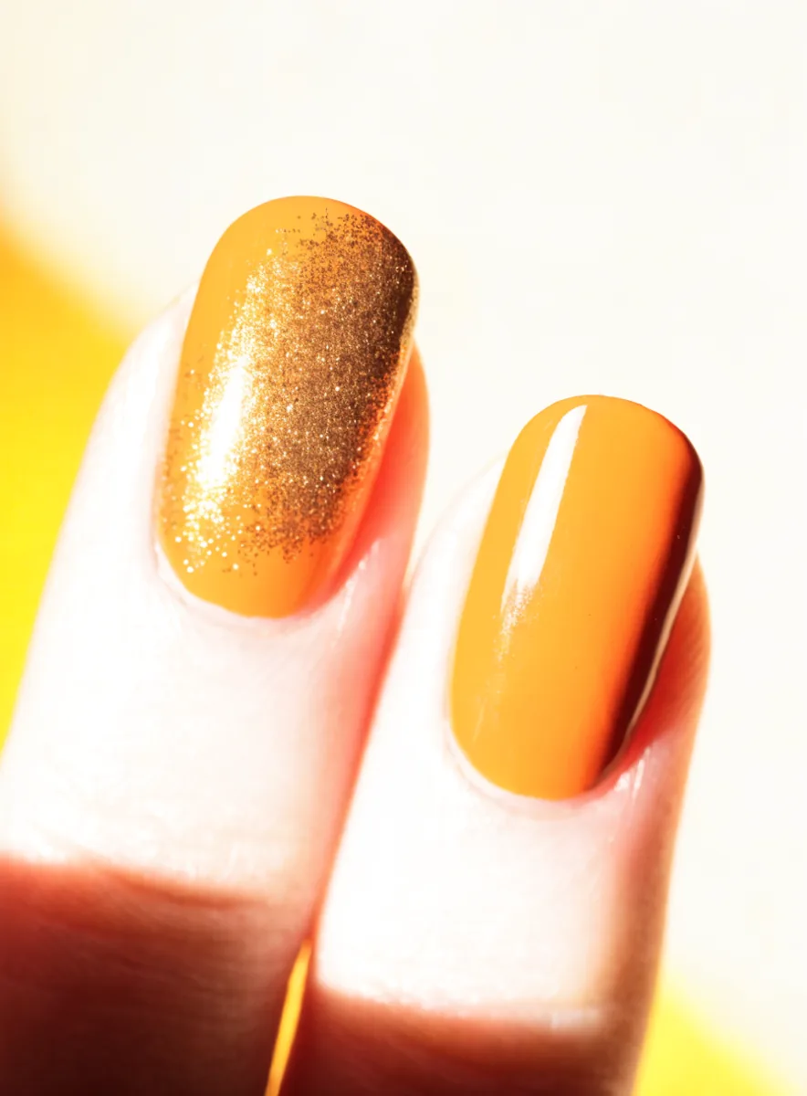 Close-up of tangerine nails with a gold glitter accent